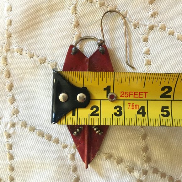 Large Dangly Artisan Rust + Silver Copper Metalwork Beaded Leaf Earrings - Picture 7 of 8